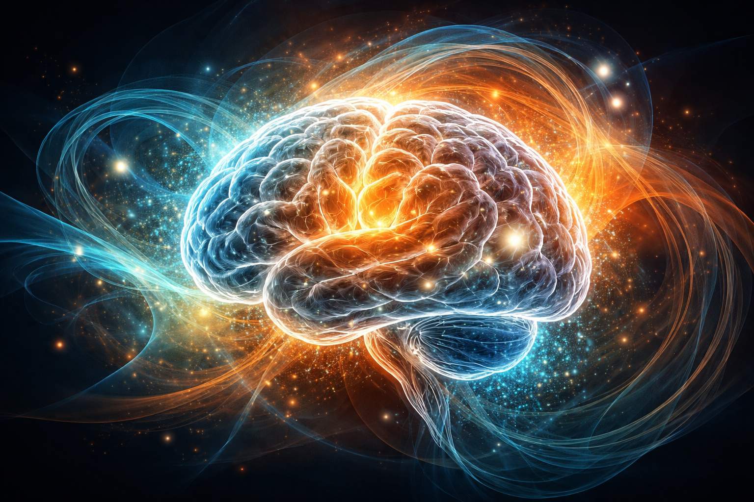 Glowing human brain surrounded by swirling light waves, symbolizing anxiety and the brain’s alarm system.