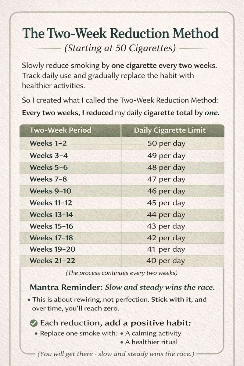 The Two-Week Reduction Method chart showing a gradual decrease in daily cigarette use by reducing smoking by one cigarette every two weeks.