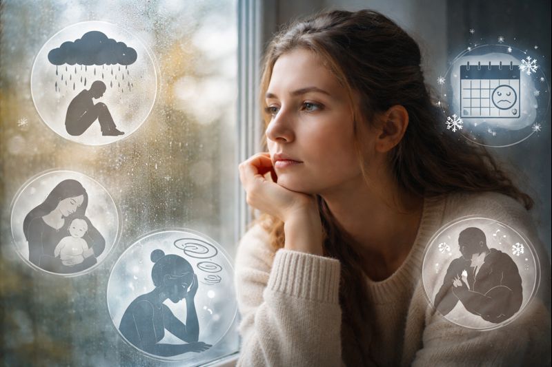 Contemplative woman looking out a rainy window with symbolic icons representing different types of depression.